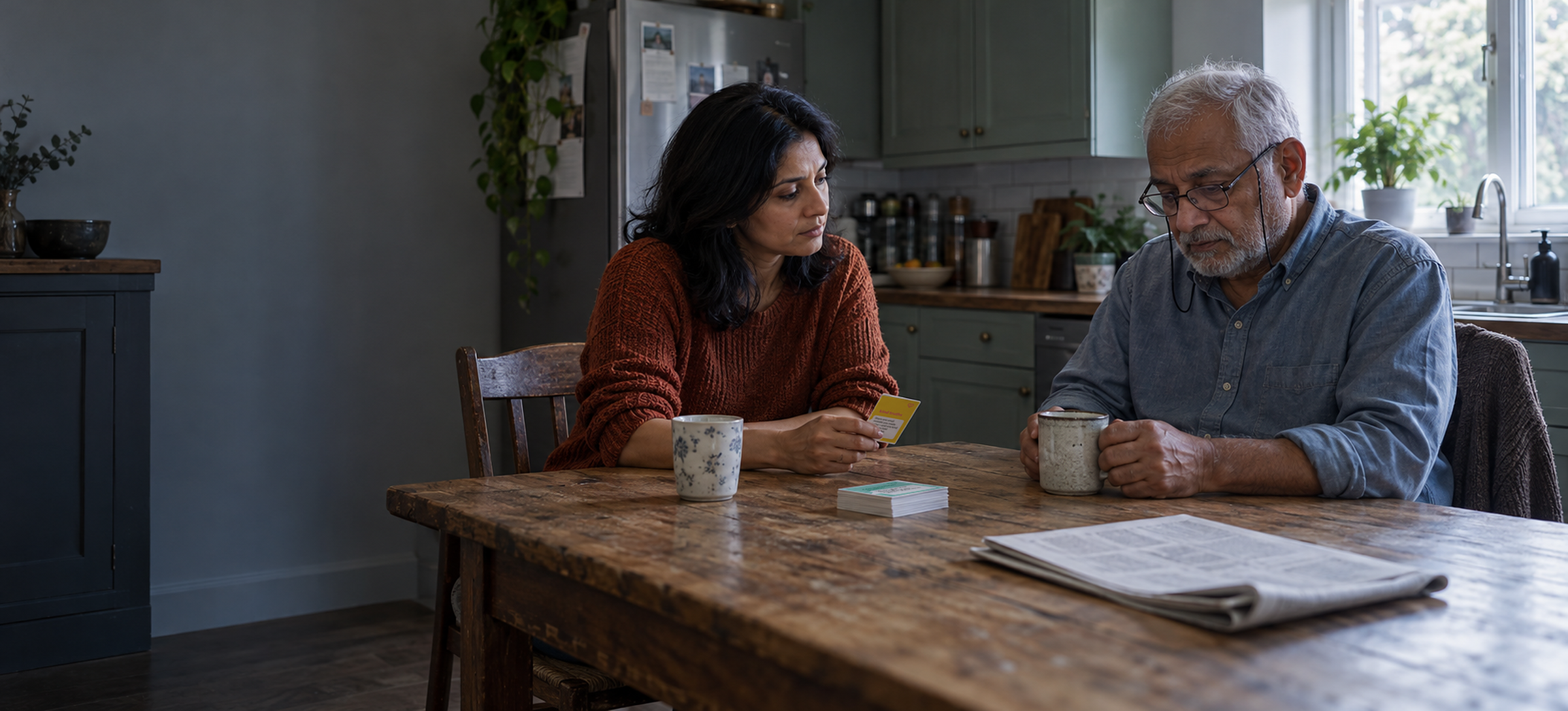 A woman holding a yellow conversation card watches her father think over his answer at a worn kitchen table, a small stack of cards and two mugs between them, in soft window light.